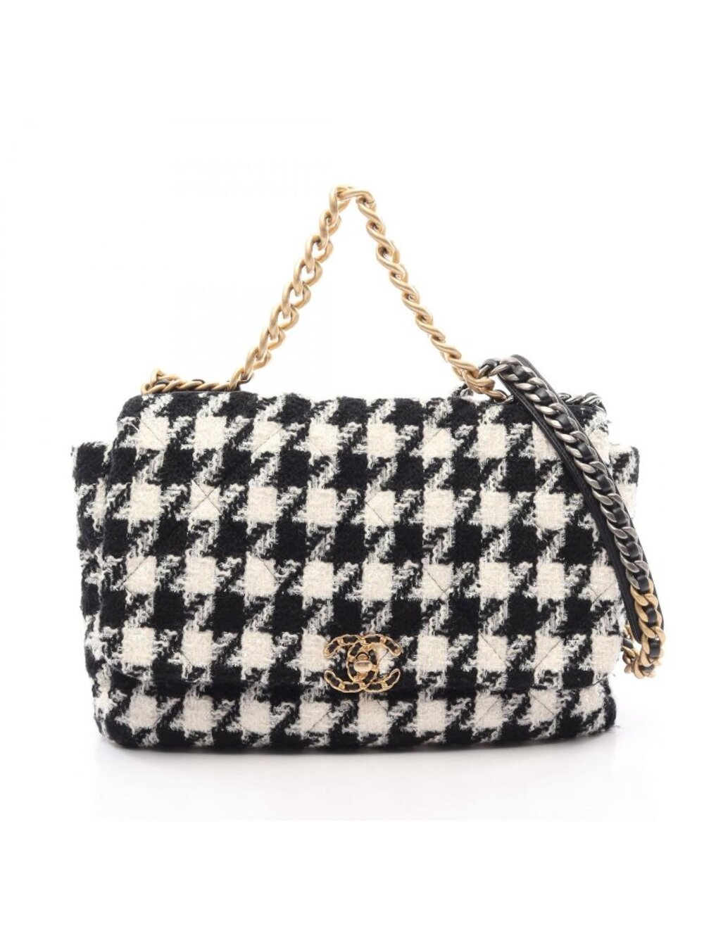 Chanel Shoulder Bag 19 Maxi Houndstooth 2-Way Black White Fabric Leather 19